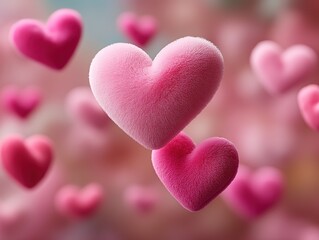 Obraz premium Valentine's Day Pink Hearts Background with Flying Soft Plush Hearts, Postcard Style High Resolution