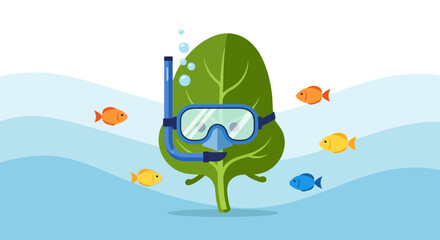Naklejka premium Leafy Explorers Embracing Underwater Realms With Aquatic Creatures And Snorkeling Gear