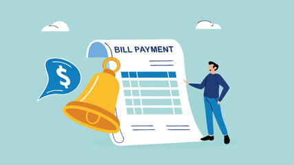 bill payment, shopping costs or credit card payments, financial service to pay for transaction, bill payment reminder concept, businessman with bill payment paper and notification bell
