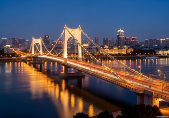 Fototapeta premium Night View of Illuminated Suspension Bridge over River