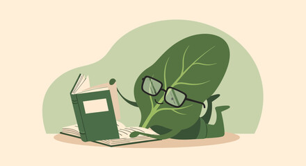 Leafy Pal Reads With Enthusiasm, Bookworm Illustration, Intellectual Plant Character