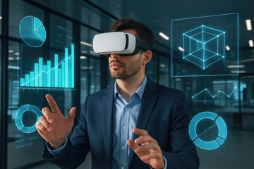 Businessman wearing VR headset interacting with holographic financial charts and data visualizations