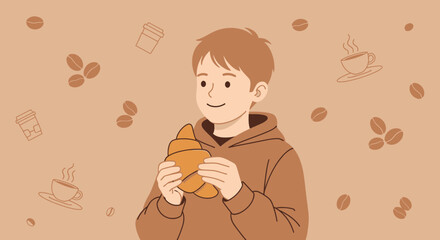 Joyful Person Holding Croissant And Coffee Decorations On A Beige Background