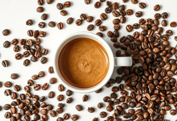 Blank craft paper coffee cup with scattered coffee beans, top view on white ,  coffee shop,   coffee shop branding