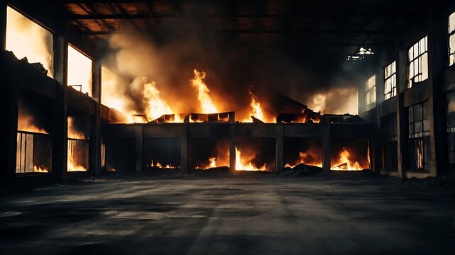 Massive explosion inside old warehouse with burning flames and collapsing walls, post apocalyptic scene