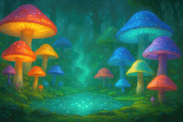 Fototapeta premium Enchanted forest clearing with glowing bioluminescent mushrooms and a shimmering pool glowing mushrooms