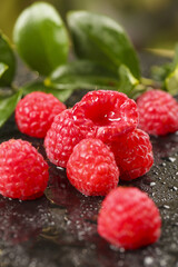 Fresh Red Raspberries with Water Droplets on Dark Surface - Organic Berry Fruit Close-up