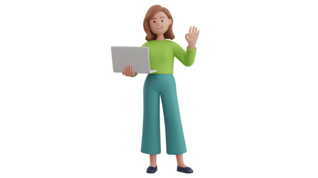 Cheerful woman waves while holding laptop for remote work concept
