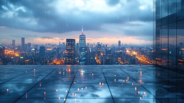 Rainy City Skyline at Dusk from Rooftop