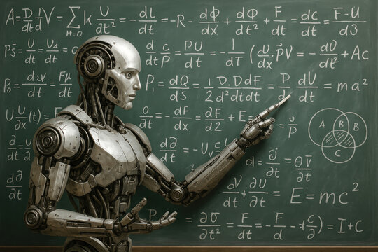 Futuristic robot teaching complex physics equations on a blackboard artificial intelligence science