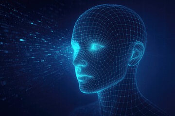 Glowing Blue Wireframe Human Head with Data Input artificial intelligence technology