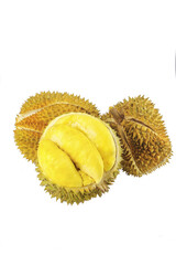 Obraz premium Fresh Thai Durian Fruit with Golden Yellow Flesh on White Background