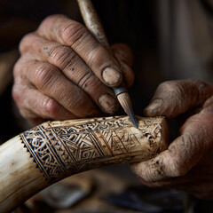 Artisan carving is intricate into a horn.