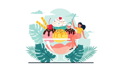 Joyful Woman Enjoying Delicious Dessert, Colorful Ice Cream Paradise Illustration