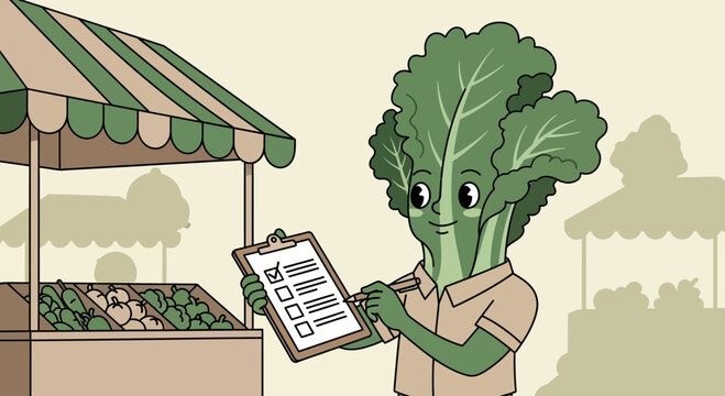 Lettuce Person Checking Inventory at a Veggie Stand in an Illustrated and Engaging Scene - Powered by Adobe
