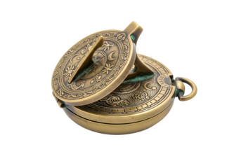 Antique brass sundial compass, a vintage nautical navigation instrument for travel and exploration isolated on transparent background