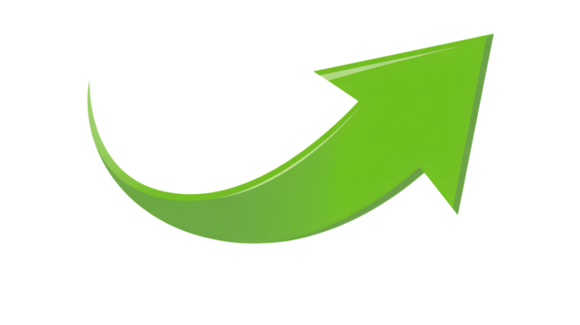 Dynamic green arrow curving upwards, symbolizing growth and success