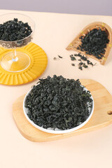 Dried Wakame Kelp Seaweed in Bowls - Healthy Marine Vegetable Ingredient for Asian Cooking