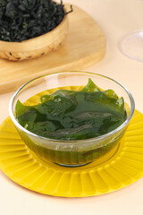Wakame Seaweed Soup in Glass Bowl - Healthy Japanese Sea Vegetable Dish