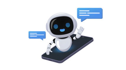 Friendly robot assistant waves hello from modern smartphone screen
