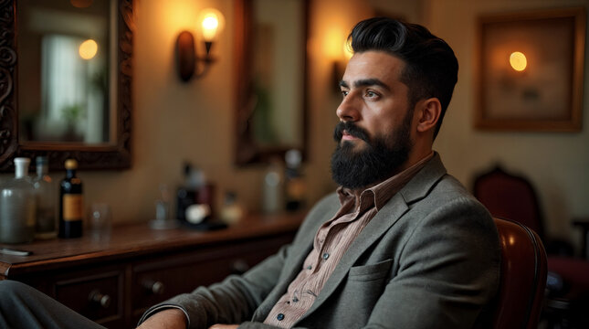 Man with beard sitting in vintage room with rustic decor  