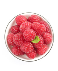 Fresh Red Raspberries in White Bowl Top View with Mint Leaf Isolated on White Background