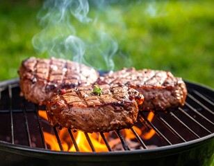 Three juicy steaks sizzle on a hot grill, flames visible below, outdoors