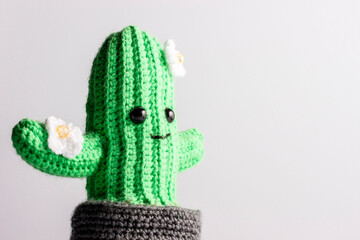 A green cactus in a pot with eyes, knitted or crocheted with amigurumi. taken in close-up, with a place for text or an object or advertisement on a white background.