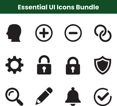 Essential User Interface Icon Bundle Icon Set Add, Subtract, Security, Settings