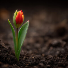 Obraz premium Budding tulip pushing through spring soil.