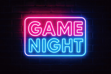 Neon Game Night Sign Glowing on Brick Wall Keywords: neon sign, game night, glowing, bright, electric, entertainment, fun, leisure, party, celebration, gaming, competition, retro, vintage
