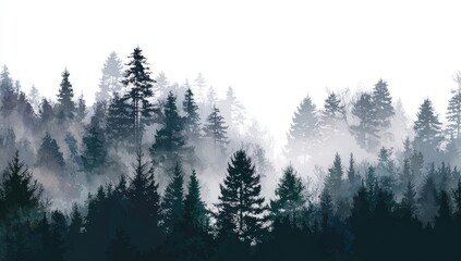 Obraz premium Misty forest silhouettes against a white backdrop. Dark, dense trees, varying shades of blue-gray, form a hillside in a hazy, misty atmosphere