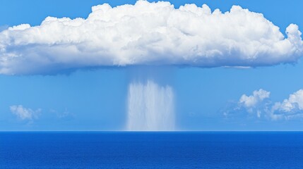 Spectacular cloudburst over tranquil ocean waters captured under a bright blue sky