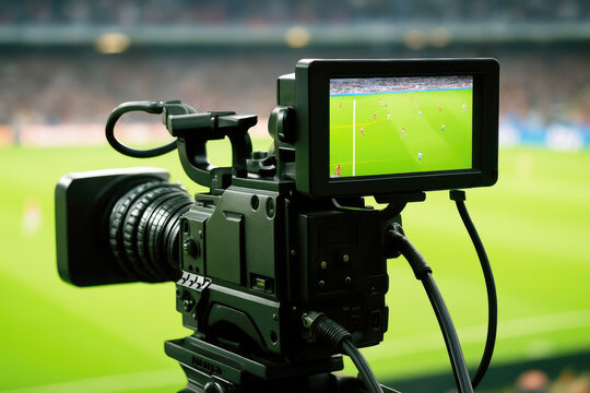 Professional Video Camera Capturing a Soccer Match in a Stadium professional camera sports broadcasting