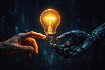 Robotic hand offering a glowing light bulb to a human hand artificial intelligence