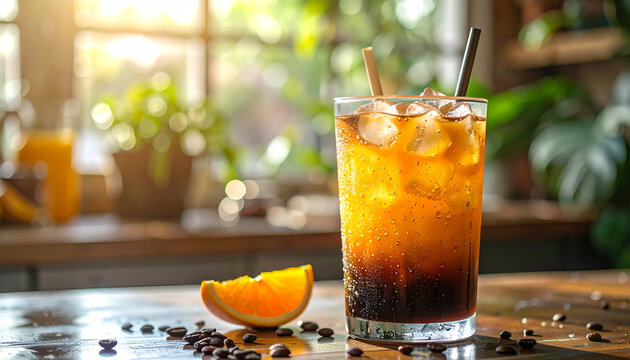 Iced coffee soda drink with an orange slice. - Powered by Adobe