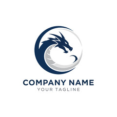 Obraz premium A striking circular logo featuring a stylized dark blue dragon head emerging from a crescent moon.