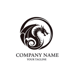 Black silhouette of a mythical dragon with wings and a coiled body, depicted within a circular frame, suitable for a company logo design.