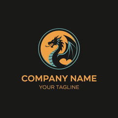 A striking circular logo featuring a black silhouette of a dragon with spread wings against an orange and blue background.