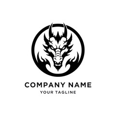 Fototapeta premium A black and white logo featuring a fierce dragon head enclosed in a circle with flames, with placeholder text for a company name and tagline.