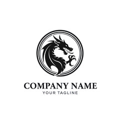 Fototapeta premium Dragon emblem in a circle, black and white logo design.