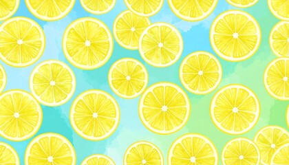 Obraz premium Vibrant citrus delight: Seamless pattern of freshly cut lemon slices with watercolor accents