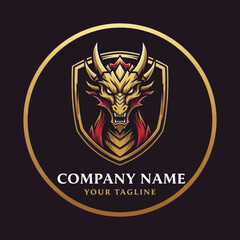 A golden dragon logo design, featuring a fierce dragon head inside a shield, with company name.