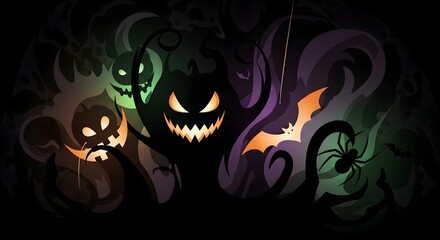 Naklejka premium Halloween themed graphic with pumpkins, bats, and spiders in dark silhouettes.