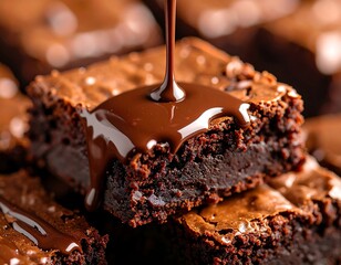 Stacked brownies drizzled with chocolate