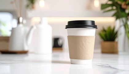 A single disposable takeaway beverage cup with a blank kraft paper sleeve and black lid sits prominently on a bright white marble countertop in a minimalist and modern kitchen setting