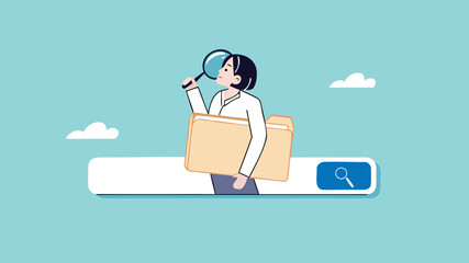 find new job or explore website concept, looking for job vacancies, browse the internet to get information, search concept, woman looking for job information in the search box using magnifying glass
