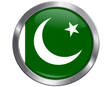 Metallic Pakistan Flag Badge Button with 3D Embossed Effect, Angled View, isolated on transparent background PNG