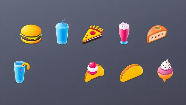 Colorful Flat Lay of Cartoonish Food Icons on a Dark Background.