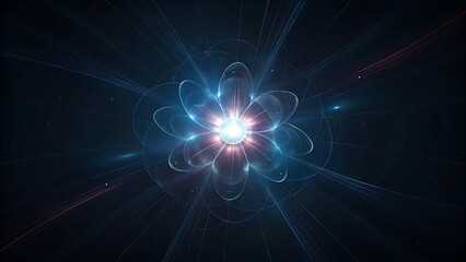 Naklejka premium Abstract glowing blue flower shape with radiating light particles and dark background.